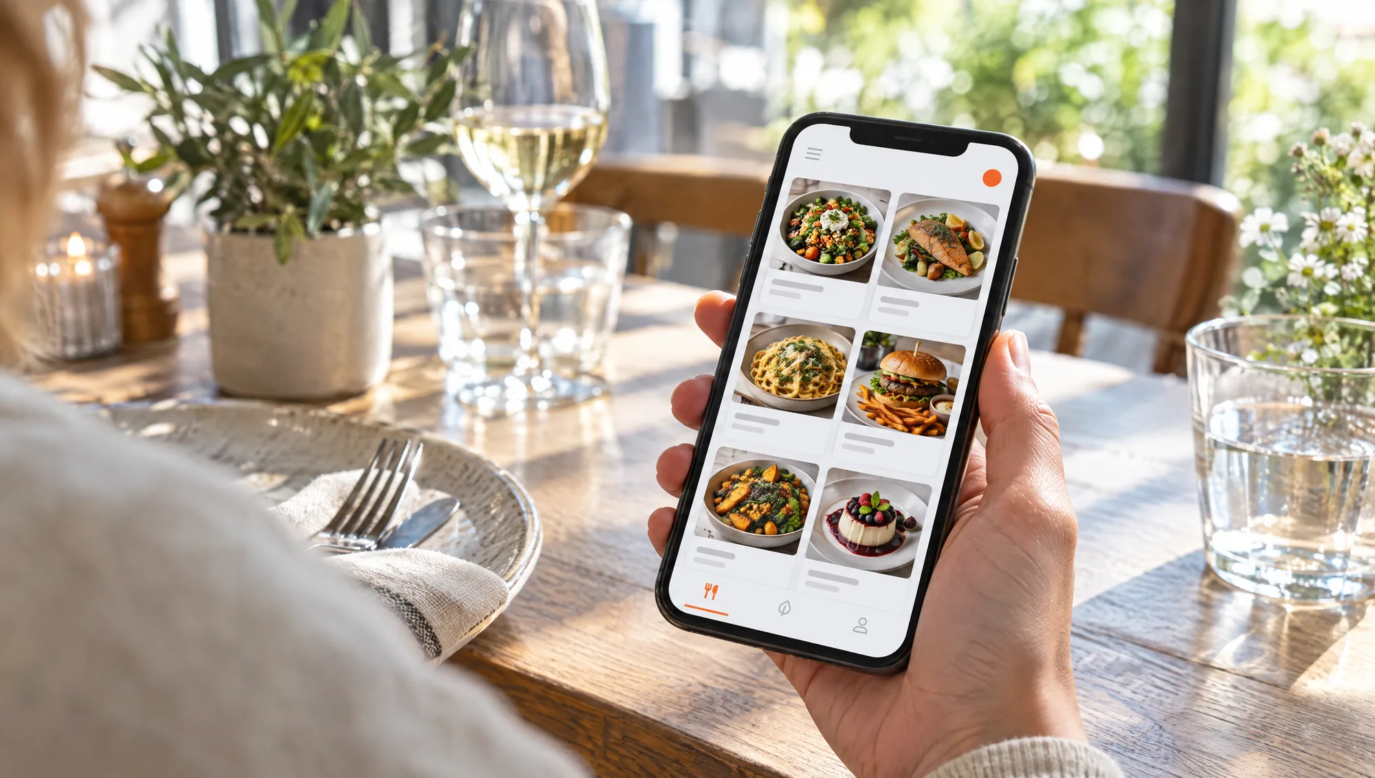 Gast scrollt am Tisch durch die digitale Speisekarte auf dem Smartphone