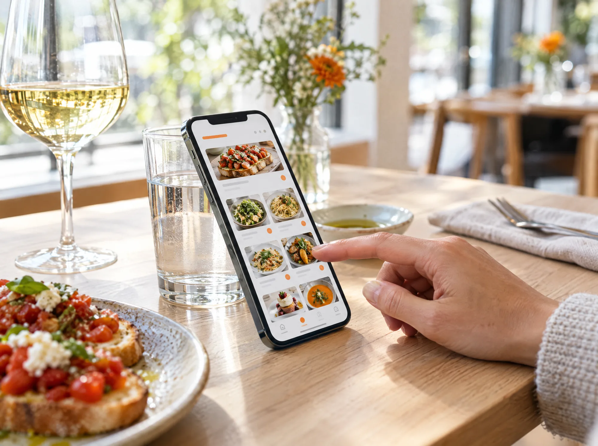 Gast schaut an seinem Tisch auf die digitale Speisekarte im Smartphone